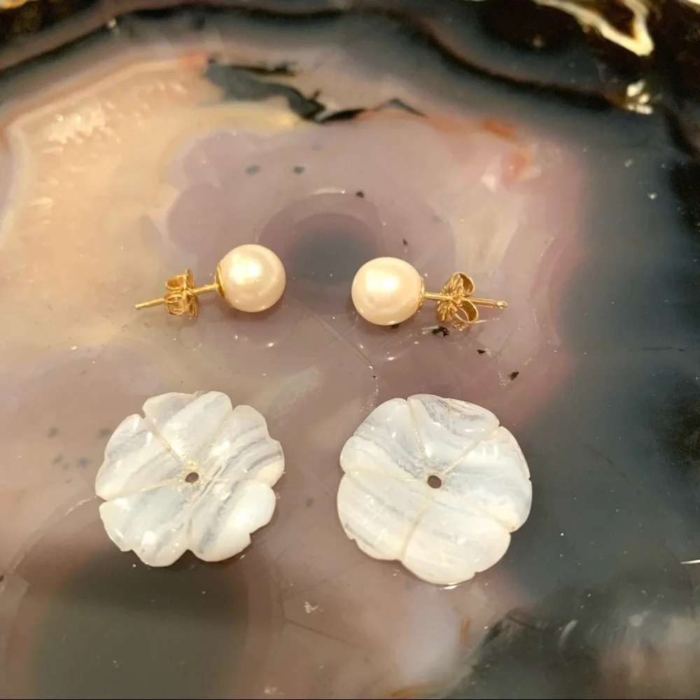 Cultured Pearl Earrings with Flower Agate Jackets